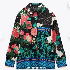 Zara Flowy Blouse with Floral And Crane Print Size XS Excellent Condition!